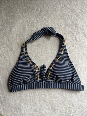 Jessica Simpson Navy Blue and White Lined Swim Top - XL